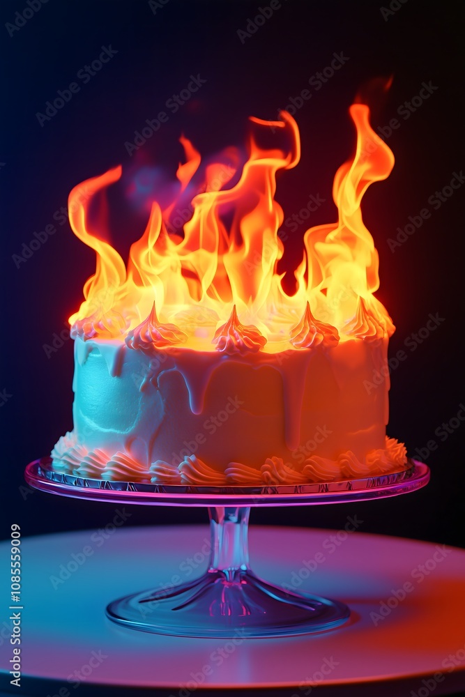 Burning cake on a pedestal on a dark background with neon lights