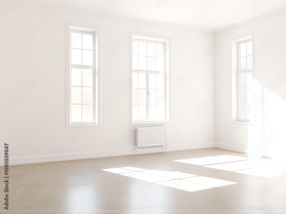 Bright and airy empty room with natural light streaming through large windows during daytime Bright and airy empty room with natural light streaming through large windows during daytime
