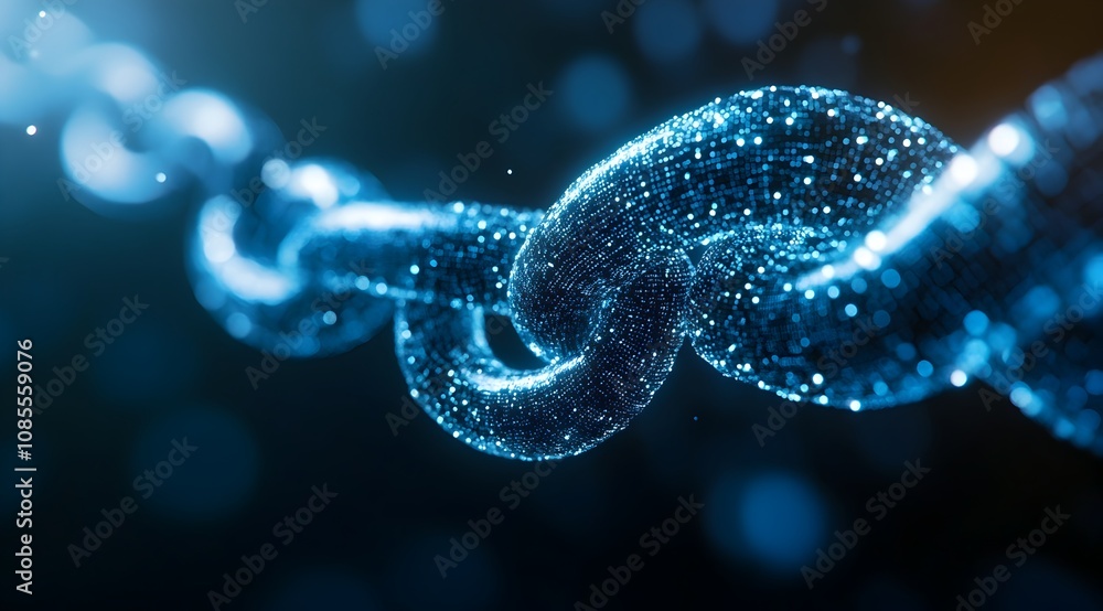A close-up view of a glowing, interconnected chain, composed of shimmering particles that evoke a sense of digital technology and connectivity.