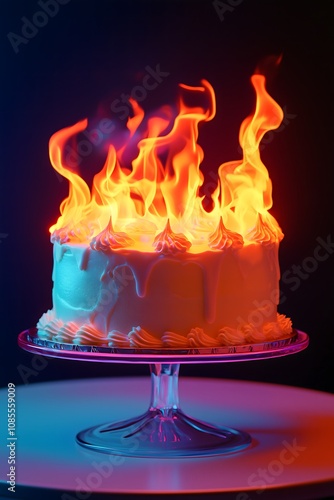 Obraz na płótnie Burning cake on a pedestal on a dark background with neon lights w salonie