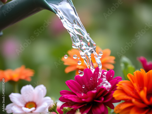 Watering colorful flowers in a vibrant garden during a sunny day of springtime with bright blooms and refreshing droplets photo