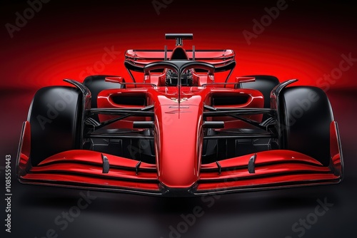 A red Formula 1 race car with black accents sits on a dark background.