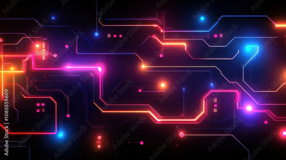 Abstract circuit design with vibrant neon colors. Abstract circuit design with vibrant neon colors.