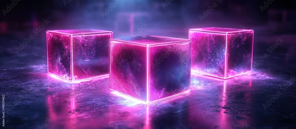 Three glowing cubes in a futuristic setting. Three glowing cubes in a futuristic setting.
