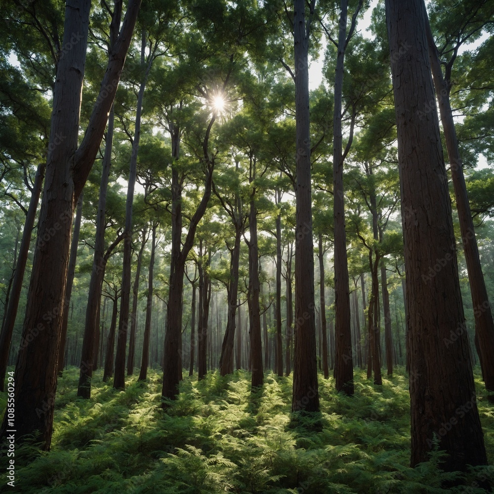 Obraz premium Smart Trees that Produce Music: Trees designed to produce soothing musical tones when touched, creating a symphony of nature and artificial beauty in a serene forest.
