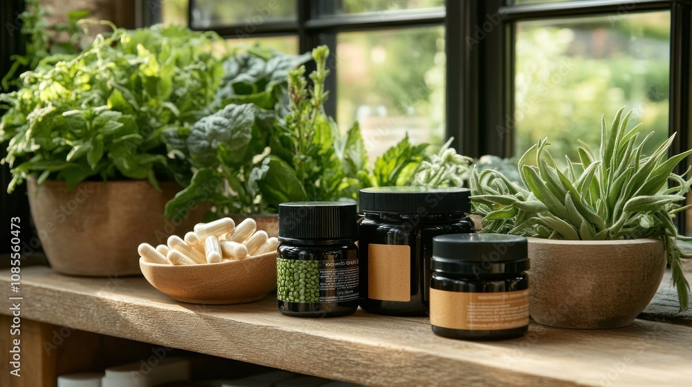 Herbal products and plants on a wooden shelf. Herbal products and plants on a wooden shelf.