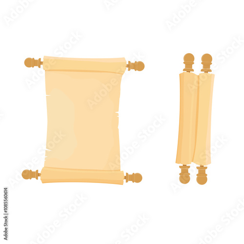 Opened and folded parchment scroll isolated on white background. Old paper roll, papyrus