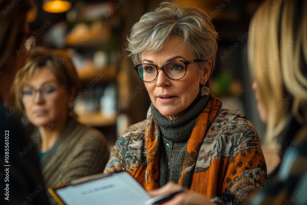 Mature Woman in Glasses Discussing Documents with Colleagues in Cafe Mature Woman in Glasses Discussing Documents with Colleagues in Cafe
