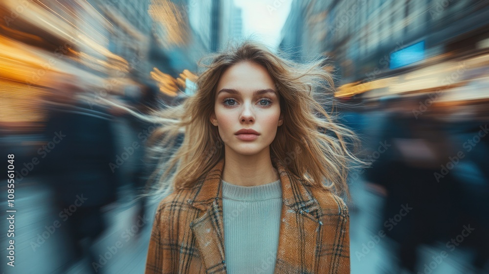 A woman stands still amidst a busy street scene. A woman stands still amidst a busy street scene.