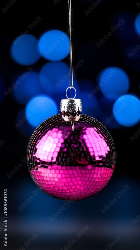 Obraz premium A pink disco ball hanging from a string on a black background