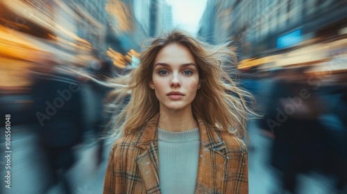 A woman stands still amidst a busy street scene.