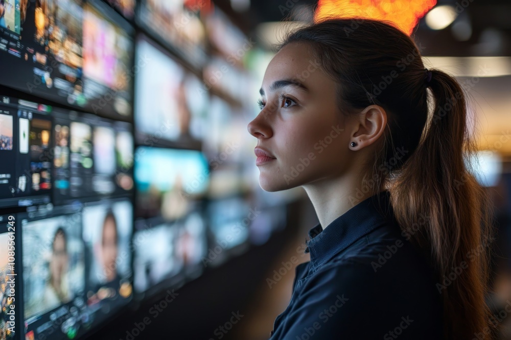 Young Woman Watching Digital Screens Social Media Technology and Content Consumption Young Woman Watching Digital Screens Social Media Technology and Content Consumption