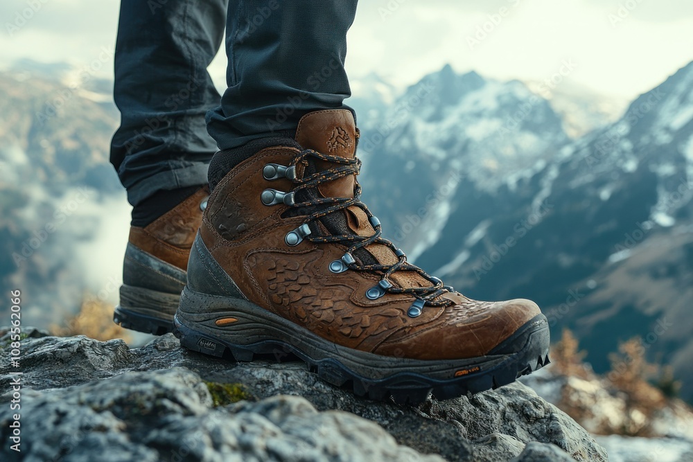Hiking boot on rocky terrain with a mountainous backdrop. Hiking boot on rocky terrain with a mountainous backdrop.