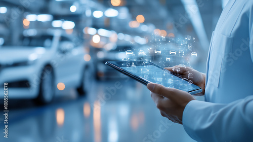 A digital representation of auto insurance coverage on a tablet, with a sleek car in the background.