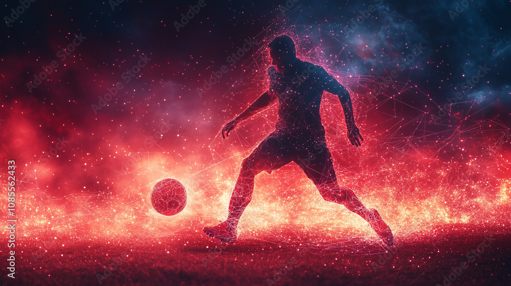 Naklejka premium Abstract player playing football form lines and triangles, point connecting network on red background.