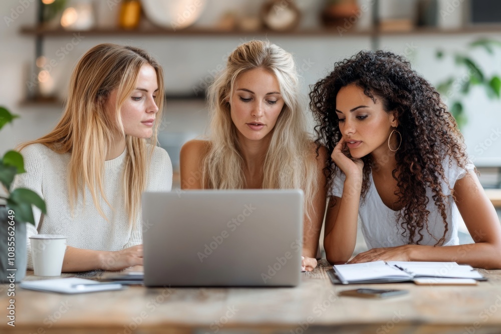 Diverse Women Working Together on Laptop Brainstorming Teamwork Collaboration Project Diverse Women Working Together on Laptop Brainstorming Teamwork Collaboration Project