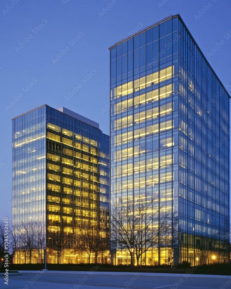 tall office buildings with glass facades, illuminated by lights inside. The sky is clear blue tall office buildings with glass facades, illuminated by lights inside. The sky is clear blue