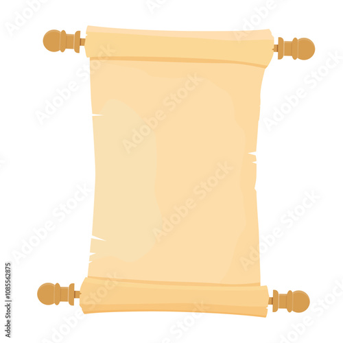 Open vertical parchment scroll isolated on white background. Old paper roll, papyrus