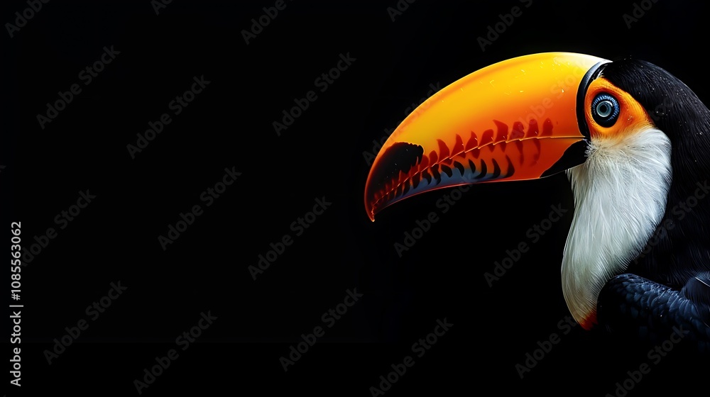 Fototapeta premium A close-up of a toucan showcasing its vibrant beak against a dark background.