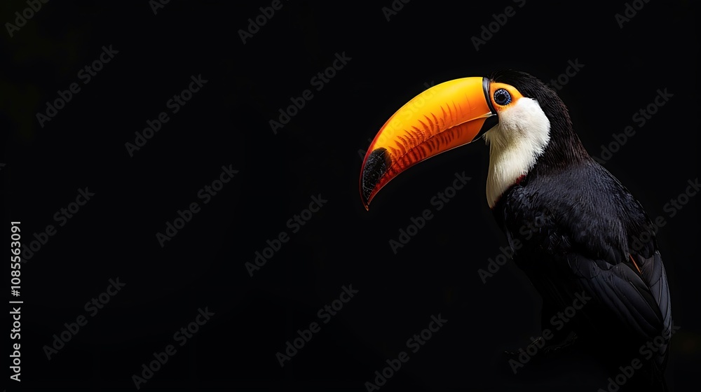 A vibrant toucan with a large, colorful beak against a dark background. A vibrant toucan with a large, colorful beak against a dark background.