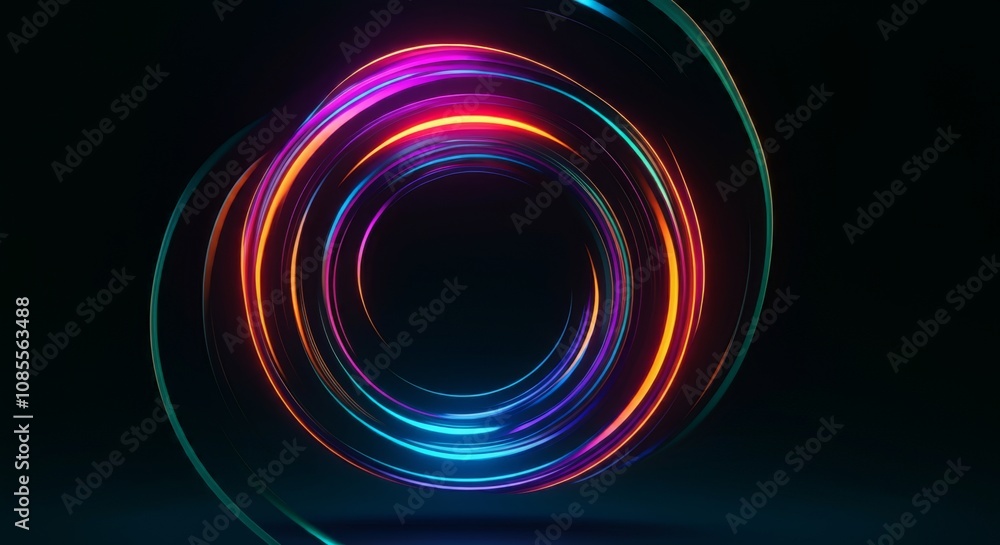Bright Neon Swirling Circles of Glitter Particles Floating in Circular Pattern, Glowing Abstract Background Bright Neon Swirling Circles of Glitter Particles Floating in Circular Pattern, Glowing Abstract Background