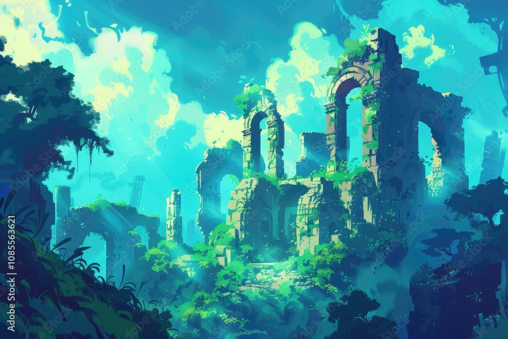Fototapeta premium Sunlit Ruins Overgrown with Lush Greenery