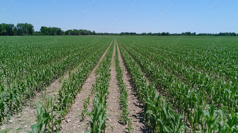 Lush Green Rows of Corn Plants Growing in a Vast Field Under Bright Blue Sky on a Sunny Day, Representing Agriculture and Farming Prosperity Lush Green Rows of Corn Plants Growing in a Vast Field Under Bright Blue Sky on a Sunny Day, Representing Agriculture and Farming Prosperity