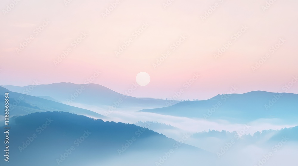 Serene Sunrise Over Rolling Hills with Soft Mist Serene Sunrise Over Rolling Hills with Soft Mist