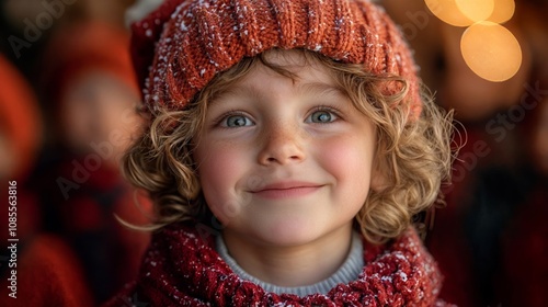 A young boy with a wide smile, wearing a red knit hat and sweater, stands in a group of children in a Christmas setting. 