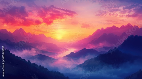 Tranquil Sunrise Over Misty Valley Landscape