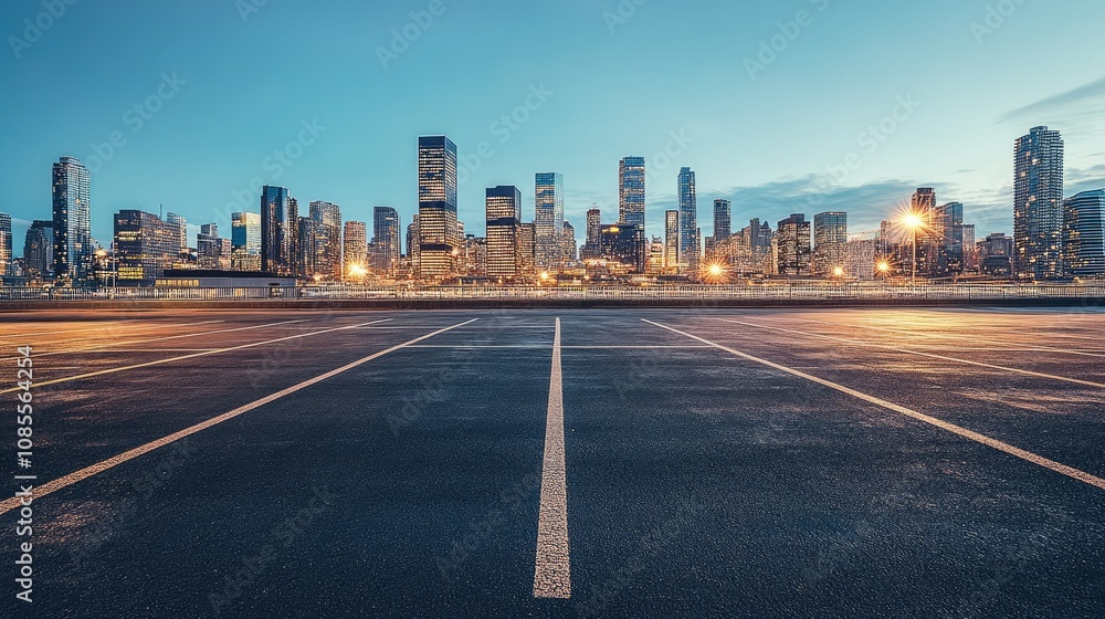 Large, empty parking lot leading to a modern city skyline with skyscrapers, captured at dusk with warm lighting. Large, empty parking lot leading to a modern city skyline with skyscrapers, captured at dusk with warm lighting.