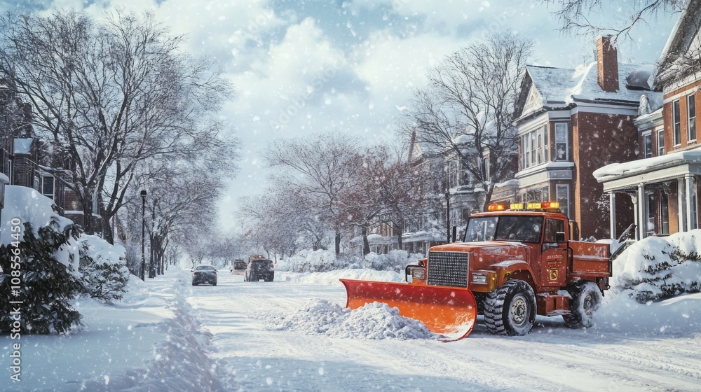 A snow plow is on a street in front of a house A snow plow is on a street in front of a house