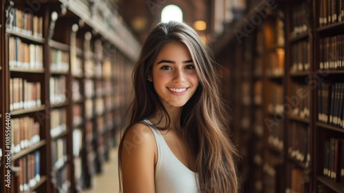 Happy young woman standing in an old library.