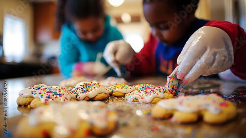 A child and parent decorating cookies with icing and sprinkles at a kitchen table, enjoying a fun baking activity 