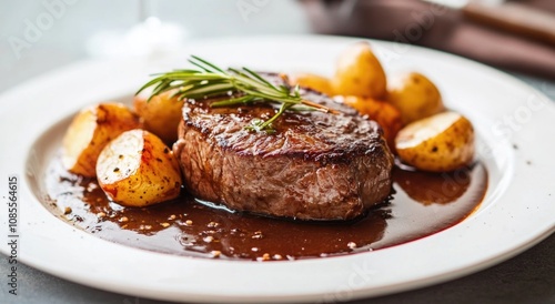 Steak with potatoes and rosemary, served in an elegant restaurant setting.