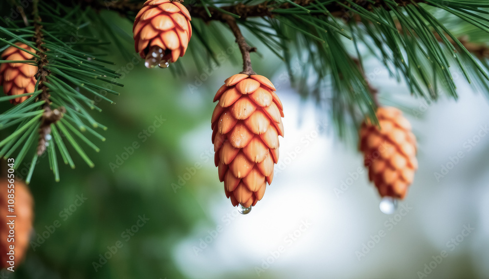 Close-Up of Orange Pine Cones with Water Droplets on Branch against Blurred Greenery, Creating a Serene and Natural Scene Close-Up of Orange Pine Cones with Water Droplets on Branch against Blurred Greenery, Creating a Serene and Natural Scene