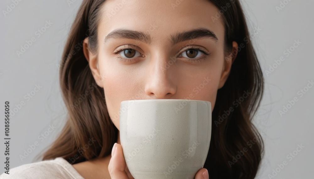 woman with natural makeup holding a minimalistic ceramic cup woman with natural makeup holding a minimalistic ceramic cup