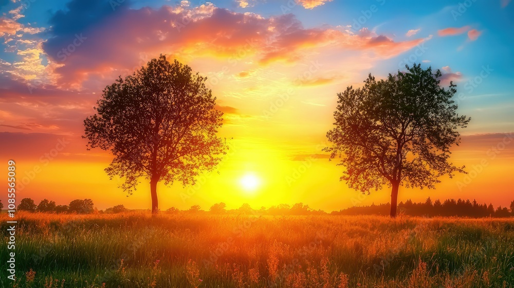 Tranquil Evening Scene with Silhouetted Trees Tranquil Evening Scene with Silhouetted Trees