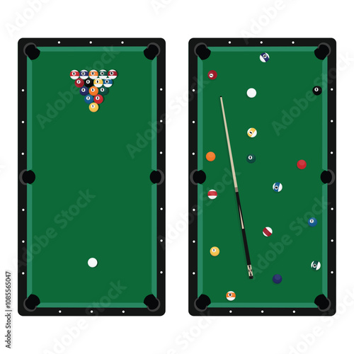 Billiard table, pool stick and billiard balls for game
