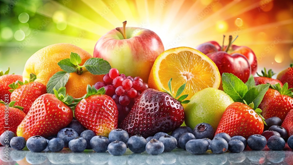 A Vibrant Still Life Featuring an Assortment of Fresh Fruits, Including Apples, Oranges, Grapes, Strawberries, and Blueberries, Set Against a Background of Soft Focus Green and Orange Hues. A Vibrant Still Life Featuring an Assortment of Fresh Fruits, Including Apples, Oranges, Grapes, Strawberries, and Blueberries, Set Against a Background of Soft Focus Green and Orange Hues.
