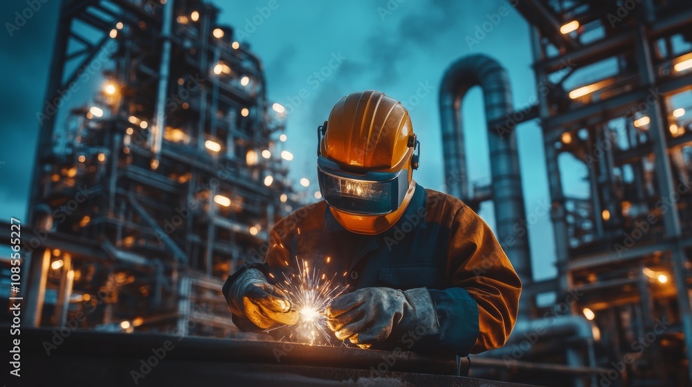 Welding expert conducts essential repairs on metal structures at offshore oil facility Welding expert conducts essential repairs on metal structures at offshore oil facility