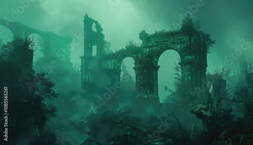 Overgrown Ruins with an Archway in a Mysterious Fog