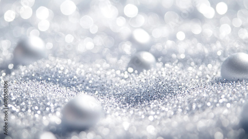 Many round pearls rest on a bed of sparkly silver glitter