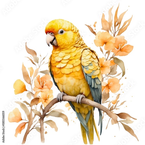 Watercolor illustration portrait of a tropical exotic golden parakeet bird parrot on isolated white background.
 photo