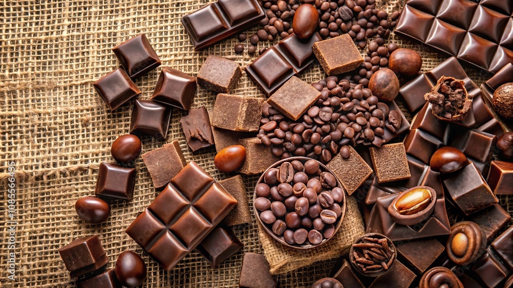 A Rich Assortment of Chocolate Delights, Including Bars, Squares, and Assorted Candies, Adorned with Coffee Beans and a Rustic Burlap Background A Rich Assortment of Chocolate Delights, Including Bars, Squares, and Assorted Candies, Adorned with Coffee Beans and a Rustic Burlap Background