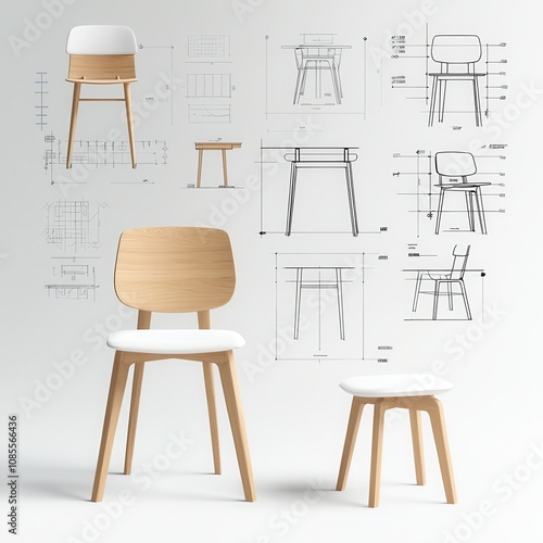 Futuristic furniture design studio, robots assembling wooden chairs and tables from holographic blueprints, clean lines, minimalist, digital sketch.