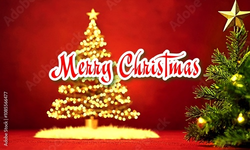 illuminated christmas tree on red background with merry christmas inscription