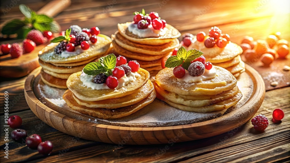 A stack of pancakes, topped with whipped cream, fresh berries, and a sprinkle of powdered sugar, arranged on a wooden platter with a rustic backdrop. A stack of pancakes, topped with whipped cream, fresh berries, and a sprinkle of powdered sugar, arranged on a wooden platter with a rustic backdrop.