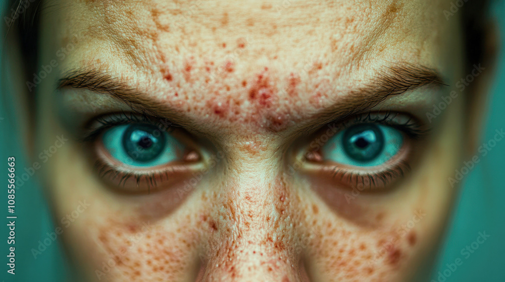 Close-up portrait of young woman indoor setting emotional expression focus on skin texture intense viewpoint beauty and self-acceptance Close-up portrait of young woman indoor setting emotional expression focus on skin texture intense viewpoint beauty and self-acceptance