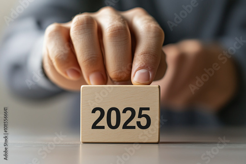 The hand of a businessman turns a wooden block to display the year number 2025 and set new year's resolutions